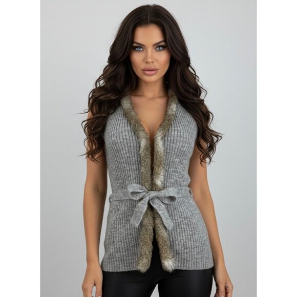 Vtg Y2K H&M Gray Faux Fur Trim Gray Knit Sweater Vest | Indie Streetwear Baddie - Picture 1 of 16